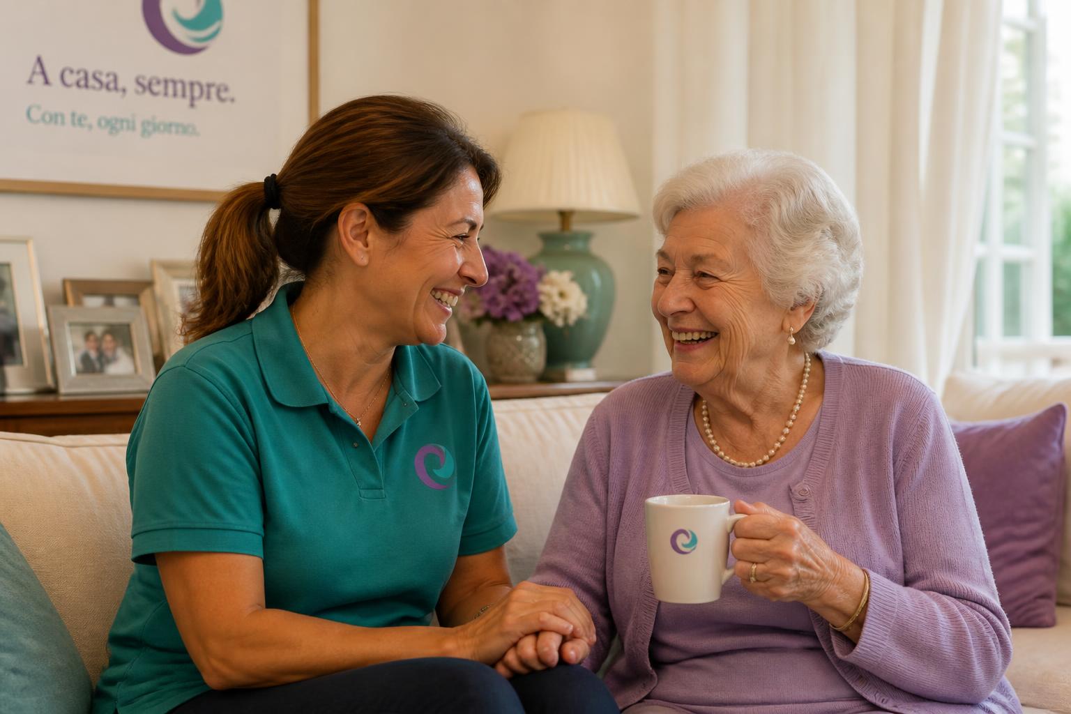 Persona di fiducia CareOama e persona che ha bisogno di aiuto sorridono insieme guardando uno smartphone
