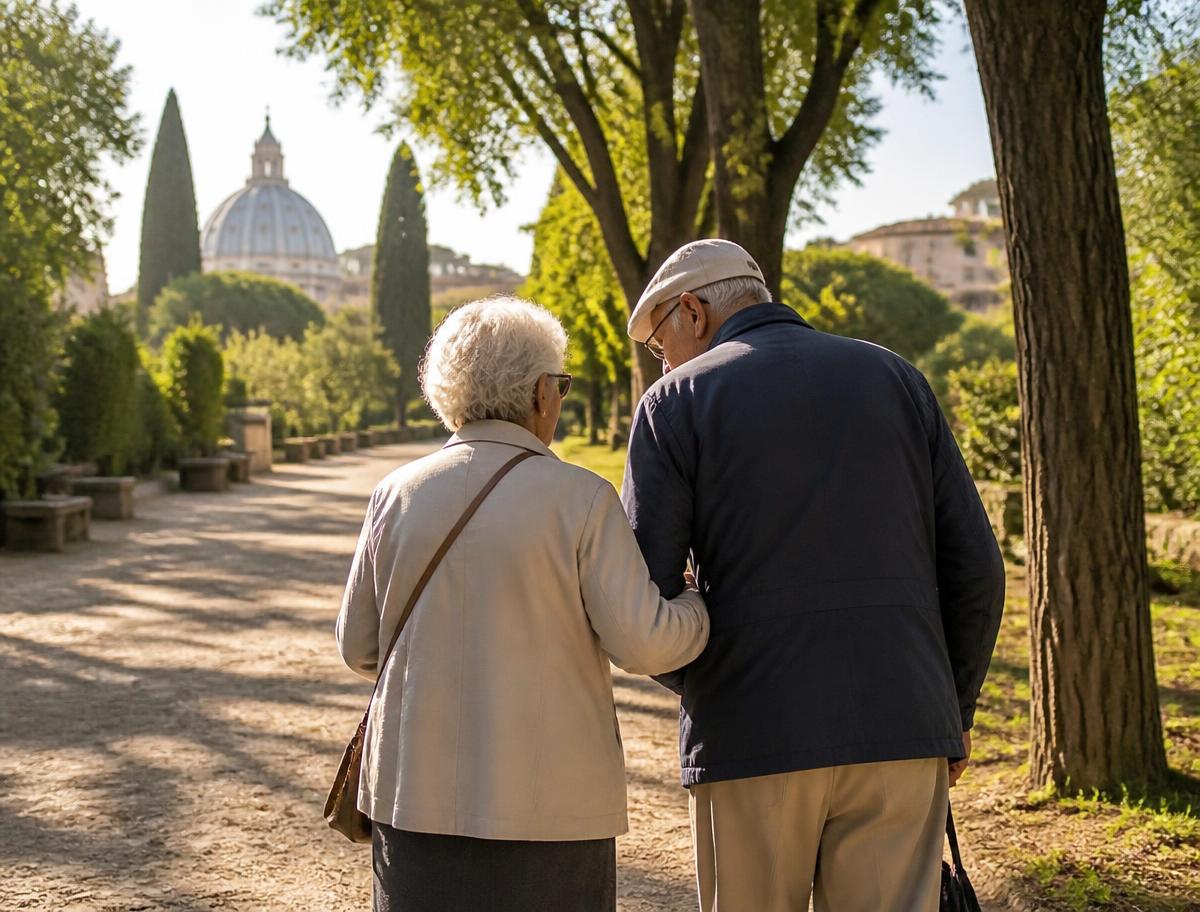 Due persone che hanno bisogno di aiuto passeggiano insieme in un parco italiano